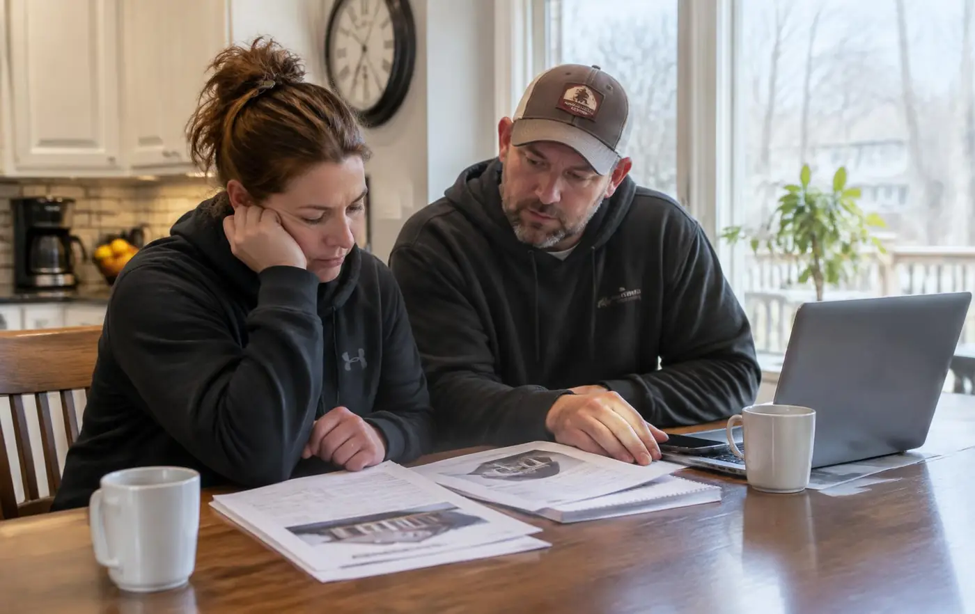 A couple comparing roofing quotes at their kitchen table