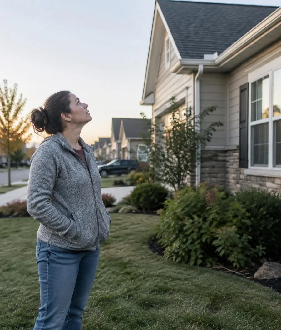 A homeowner looking up at her roof